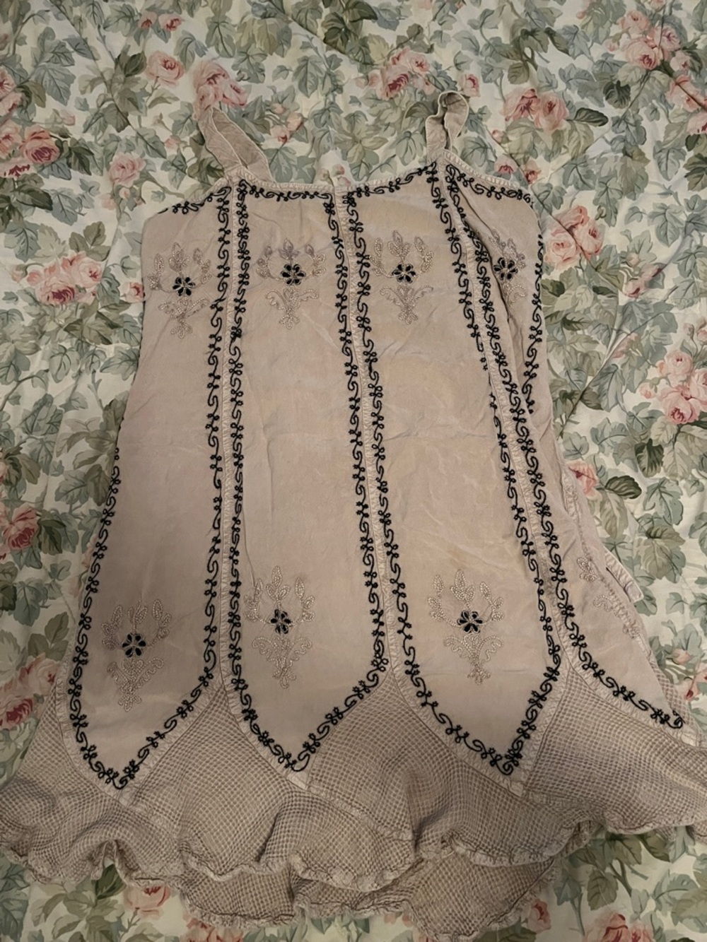 Beige Embroidered Midi Dress with Black Trim